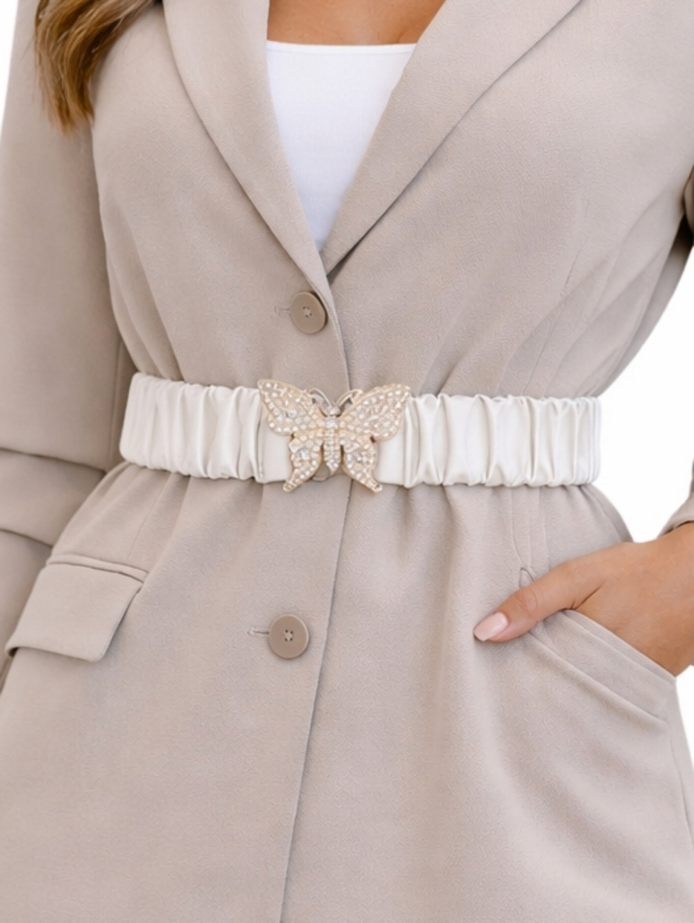 Chic Rhinestone Butterfly Elastic Stretch Belt in White and Champagne